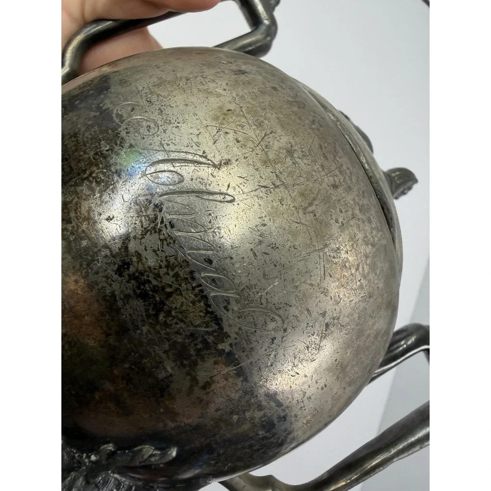 Antique Simpson Hall Miller Sphinx Deer Heads Silver Plate‎ Sugar Bowl Engraved